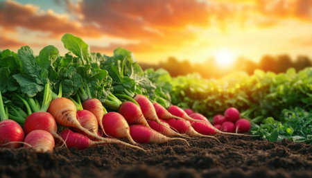Bathed in golden sunset light, a vibrant harvest of organic vegetables peas, radishes, beets gleams on a thriving farm This breathtaking image captures the essence of sustainable agriculture and farm-to-table living Freshly picked produce showcases health and vitality, promising wholesome meals Experience the charm of nature's beauty, rich with color and texture, AI Generativeの素材