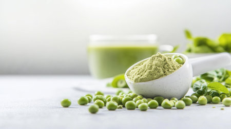 Showcase the power of plant-based protein with this vibrant image featuring pea protein powder and fresh peas against a minimalist white background Ideal for illustrating articles about vegan diets, fitness supplements, and healthy eating, it highlights the purity and nutritional value of pea protein Elevate your content with this compelling AI Generativeの素材