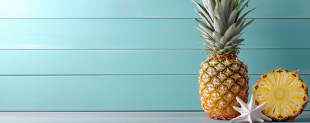 Escape to paradise with this vibrant image featuring a ripe pineapple amidst tropical beach decor on a pastel mint-blue background Embrace summer's joy with this refreshing fruit, perfect for smoothies or healthy snacking Its vibrant colors and beachy accents create a relaxing, tropical atmosphere, bringing the essence of summer into AI Generativeの素材