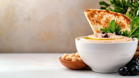 Indulge in authentic Middle Eastern cuisine with this vibrant image Creamy hummus, drizzled with olive oil and served with pita, offers a delicious Mediterranean appetizer Perfect for food bloggers and culinary websites, this high-quality stock photo adds a touch of authenticity to menus and promotions Professionally photographed and easy to AI Generativeの素材