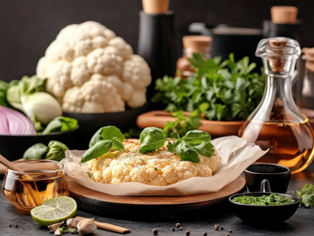 A vibrant culinary delight: juicy, grilled cauliflower steaks drizzled with a zesty cilantro-lime chimichurri Served elegantly on parchment paper, this close-up captures its rustic charm This simple, vegan, and gluten-free masterpiece promises a tantalizing taste and health benefits An easy-to-make, perfect meal for any occasion Top view showcases its delicious AI Generativeの素材