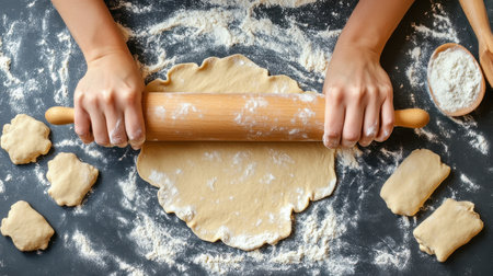 A woman skillfully rolls dough on a dark surface, captured in a captivating top-down shot against a rustic baking backdrop This high-quality photo embodies culinary artistry, perfect for recipes, tutorials, and showcasing the joy of homemade baking Ideal for food bloggers, culinary websites, and ads seeking an authentic, hands-on touch AI Generativeの素材