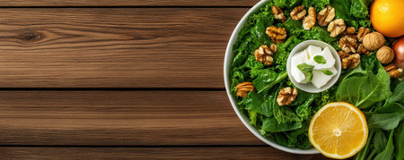Elevate your content with this vibrant, top-down salad image! Showcasing fresh chard, walnuts, soft cheese, onions, and oil, it's perfect for culinary blogs and recipe websites The appealing arrangement and nutritious ingredients make it ideal for promoting healthy eating, vegetarian diets, and fresh food concepts Download now and enhance your AI Generativeの素材