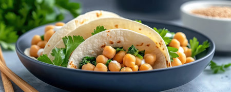 Experience a burst of flavor with these delicious vegetarian tacos! Chickpea curry filling meets cool sour cream sauce, fresh parsley, and vibrant spinach Sprouted flax seeds add a delightful crunch and nutritional boost Every bite offers a harmonious balance of tender chickpeas, fragrant curry, and refreshing textures Enjoy this healthy AI Generativeの素材