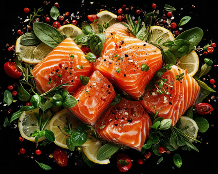 Elevate your designs with this captivating top-view image of a fresh raw salmon fillet, artfully arranged with herbs, lemon, and cooking ingredients against a striking black background Its vibrant colors and textures embody culinary excellence, ideal for food blogs, menus, and publications Download now and inspire your audience with this AI Generativeの素材