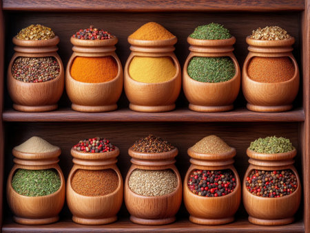 Transform your kitchen with organized bliss! This image features a beautifully arranged pantry shelf with matching spice jars, showcasing efficient kitchen storage and spice organization tips Ideal for home cooks and chefs, it offers inspiration for shelf design and culinary creativity Download high-resolution photos for your blog or website today! AI Generativeの素材