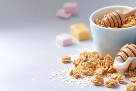 A close-up reveals crunchy granola scattered on white, a healthy breakfast of oats, nuts, and honey Fuel your day with this nutritious and delicious delight, packed with natural goodness Experience the delightful texture and satisfying flavors of a wholesome breakfast It's a visual symphony of health and flavor, inspiring culinary AI Generativeの素材