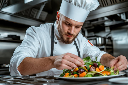 Showcase culinary artistry with this vibrant image of a young chef meticulously crafting a vegetable salad in a modern restaurant kitchen Perfect for menus, blogs, and promotional materials, it highlights fresh, healthy dining options and the dedication of culinary professionals The image embodies modern cuisine, healthy living, and exquisite food AI Generativeの素材