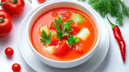 Dive into culinary inspiration with this top-view photo of vibrant lentil soup Served in a white bowl against a white background, the image showcases the rich texture and fresh vegetables of this healthy dish Perfect for recipe blogs or health-conscious websites, it highlights the simplicity and appeal of a balanced AI Generativeの素材