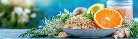 Nourish your body and soul with a vibrant detox Buddha bowl Featuring quinoa, avocado, blood orange, and microgreens, this colorful creation is packed with superfoods, antioxidants, and vitamins Visually appealing and perfect for healthy meal planning, it's a refreshing cleanse and invigorating experience of organic goodness AI Generativeの素材