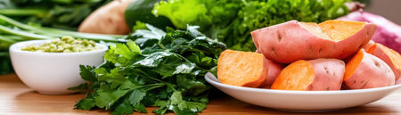 Capture the essence of healthy living with this top-down image of organic raw orange sweet potatoes on rustic wood Ideal for healthy eating, cooking inspiration, and farm-to-table concepts Elevate your culinary projects with fresh, wholesome produce, perfect for vegetarian and vegan lifestyles The vibrant image suggests the joy of creating AI Generativeの素材