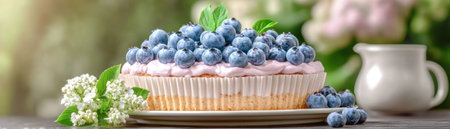 Experience homemade bliss with this vegan blueberry cake, a rustic masterpiece captured on a dark wooden table Bursting with fresh berries and baked to perfection, this cake embodies vegan culinary artistry Decorated with fresh berries this cake is ideal for enjoying with a loved one or sharing amongst friends AI Generativeの素材