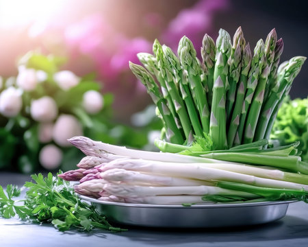 Capture the essence of spring with this captivating asparagus still life Bunches of fresh green, purple, and white asparagus rest on a vintage metal tray against a dark, rustic backdrop Perfect for food bloggers and chefs, this high-resolution image showcases healthy eating, vibrant produce, and rustic charm, ideal for irresistible AI Generativeの素材