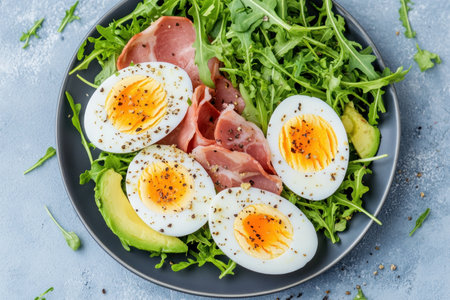 Start your day strong with this vibrant Keto breakfast! Boiled eggs, creamy avocado, savory ham, and a refreshing salad combine in a visually appealing top-down spread Packed with protein, healthy fats, and essential nutrients, it's a guilt-free and satisfying way to fuel your ketogenic lifestyle, offering sustained energy and delicious AI Generativeの素材