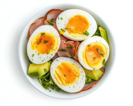 Fuel your body with a vibrant Keto breakfast! This top-view image showcases a perfectly balanced bowl with protein-packed boiled eggs and savory ham, healthy fats from avocado, and a refreshing salad Enjoy a delicious, nutritious, and guilt-free start to your morning, ideal for ketogenic diets and weight management Visually appealing AI Generativeの素材