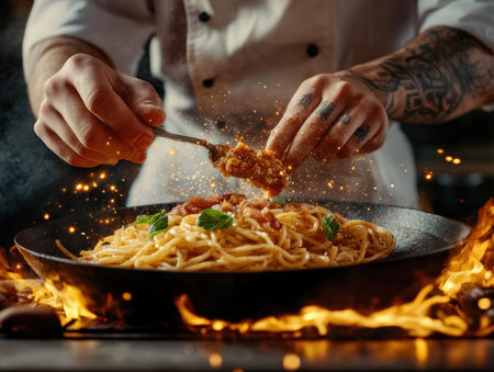Witness culinary passion unfold in this close-up Tattooed hands, belonging to a skilled chef, delicately drizzle sauce over a classic Italian pasta carbonara The image embodies authentic Italian tradition, showcasing culinary artistry and a touch of Italian flair It s a celebration of food, skill, and the chef's dedication to creating AI Generativeの素材