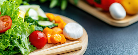 Capture the essence of healthy eating with this vibrant top-view image of a fresh salad featuring rice and vegetables against a dark background Perfect for food blogs, cooking guides, or menus, this high-resolution photo showcases a colorful array of nutritious ingredients Use this visual of wholesome food to inspire balanced AI Generativeの素材