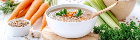 Warm your soul with this hearty lentil soup! Packed with organic lentils, carrots, celery, and fragrant herbs, it's a nutritious and flavorful delight This easy-to-make recipe offers a comforting, healthy meal perfect for cozy nights Enjoy a rich blend of vegetables and legumes, offering warmth and nourishment in every spoonful AI Generativeの素材