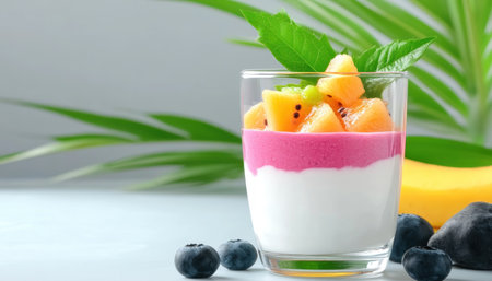 Unleash vibrant health with this layered Vitamin-rich detox smoothie! This easy recipe combines fresh fruit puree, superfood powders, and creamy plant-based yogurt for a delicious, radiant glow Learn to create visually stunning and healthy colorful layers, fueling your body with natural goodness for a noticeable boost in well-being AI Generativeの素材