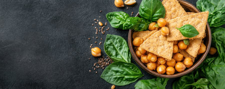 Fuel your healthy lifestyle with delicious, Crunchy plant-based superfood snacks From spiced chickpeas to nut bars and flax crackers in rustic bowl Enjoy guilt-free, satisfying crunch with essential nutrients in every bite Explore various flavors and textures AI Generativeの素材