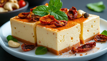 Indulge in creamy vegan cashew cheese, a dairy-free delight with sun-dried tomatoes and aromatic spices Beautifully presented on a white plate with a minimalistic aesthetic, this healthy, plant-based alternative embodies modern vegan cuisine A savory, cheese-like dessert perfect for diets and lifestyles, captured in stunning food photography A culinary masterpiece AI Generativeの素材