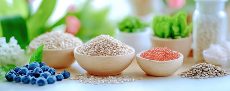 A vibrant superfood blend bursts with wholesome goodness Whole grains, seeds, and berries, rich in fiber and nutrients, create a symphony of flavors and textures This image embodies healthy eating and balanced nutrition, showcasing nature's bounty on rustic wood Embrace natural food for a vibrant lifestyle, promoting health and vitality AI Generativeの素材