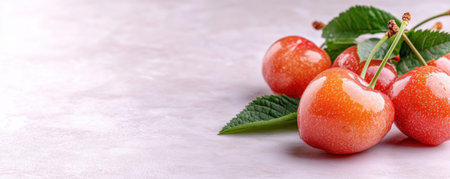 Capture attention with this vibrant image showcasing fresh acerola cherries against a bright, textured backdrop Emphasize the fruit's natural beauty and potential health benefits Ample copy space makes it perfect for product promotions, educational content, or branding Evoke a sense of freshness and vitality in your creative projects with this AI Generativeの素材