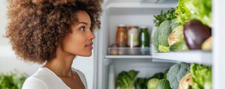 Embrace a vibrant, healthy lifestyle with nutritious choices! This image showcases a woman admiring her meticulously organized fridge, brimming with fresh vegetables and groceries Ready to create a delicious meal, she embodies mindful eating and prioritizes wellness Inspired by her balanced approach and vitality? Start your journey today with fresh AI Generativeの素材
