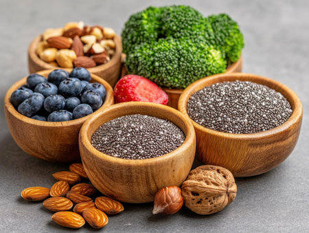 Unleash natural wellness with a visually stunning superfood arrangement! Chia seeds, vibrant berries, and crunchy nuts deliver ultimate nutrition and boost energy This artistic display inspires mindful consumption, encouraging a healthier lifestyle Elevate your wellbeing and savor nature's finest offerings by incorporating these nutrient-rich ingredients into your daily diet AI Generativeの素材