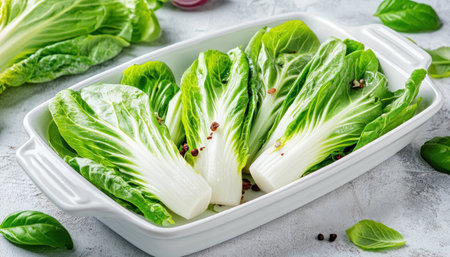 Capture the essence of fresh, healthy eating with crisp endive nestled in a white ceramic bowl This elegant image, showcasing vibrant green leaves and a pristine base, is perfect for culinary projects Elevate your menus, cookbooks, or blogs with this sophisticated visual, ideal for vegetarian recipes, modern gastronomy, and emphasizing AI Generativeの素材
