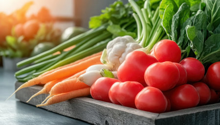This image showcases a colorful array of fresh vegetables artfully arranged on a rustic board, embodying healthy, plant-based eating Ideal for promoting vegan diets, wellness, or fresh produce, it inspires culinary creativity and highlights the nutritional benefits of a vegetarian lifestyle Perfect for food blogs, health publications, and advertising campaigns AI Generativeの素材