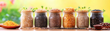 Unleash natural nutrition! This image highlights fresh seeds sprouted sunflower, raw sesame, and chia in elegant glass jars Discover vibrant, healthy eating through these wholesome ingredients, perfect for boosting breakfast, snacks, and daily nutrition Explore a conscious, visually appealing approach to wellness, fueling your body with nature's goodness AI Generativeの素材