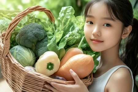 Experience farm-to-table joy! This heartwarming image showcases a young girl proudly holding a basket of fresh, organic vegetables Vibrant colors and textures embody healthy eating and sustainable living Symbolizing vitality and connection to the land, it evokes wholesome meals bursting with flavor, capturing the simple pleasures of nature's bounty AI Generativeの素材
