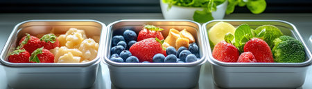 Simplify healthy eating with these ready-to-eat, plant-based meal prep containers! Packed with balanced superfood ingredients, vibrant fruits like strawberries and blueberries, and nutritious vegetables, they offer a convenient and delicious way to achieve your wellness goals Enjoy effortless meal planning and savor wholesome, portioned delights all week long AI Generativeの素材