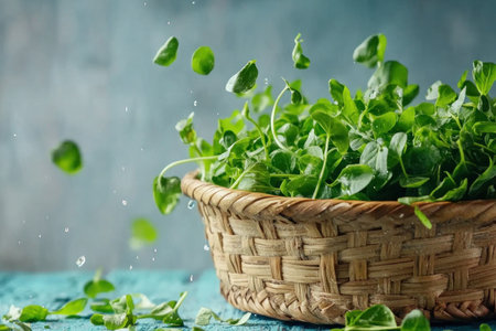 Capture the vibrant freshness of watercress with this vintage-inspired image A rustic basket overflows with crisp, peppery watercress, evoking an organic market scene Perfect for promoting healthy eating, farm-to-table concepts, and sustainable living, this beautiful scene celebrates nature's bounty and the simple joys of fresh, flavorful ingredients AI Generativeの素材