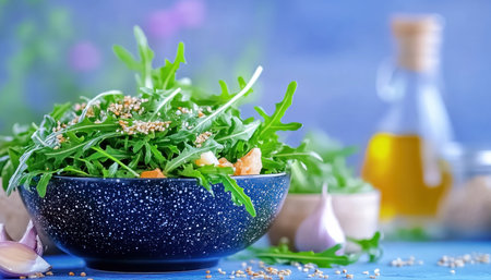 Experience culinary artistry with fresh arugula presented in an elegant black bowl This image highlights healthy eating through a vibrant salad, perfect for gourmet cuisine enthusiasts Explore sophisticated plating and simple yet stunning culinary creations Let this visually appealing composition inspire you to savor this delicious dish AI Generativeの素材