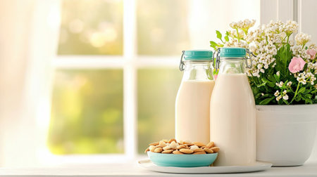Embrace plant-based elegance with this minimalist display Sleek glass bottles showcase organic almond and oat milk against a neutral backdrop, embodying healthy living and conscious choices Ideal for marketing, it highlights the purity and simplicity of natural milk alternatives, attracting health-conscious consumers seeking delicious, ethically sourced products and showcasing your AI Generativeの素材