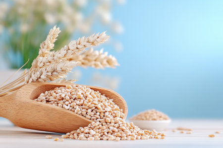 Showcase a rustic wooden scoop overflowing with mixed whole grains: oats, barley, wheat, and rye This image embodies the wholesome goodness of natural foods, highlighting the natural protein and fiber crucial for healthy eating and balanced diets Inspire mindful nutrition and healthy lifestyles with this captivating visual representing organic ingredients AI Generativeの素材