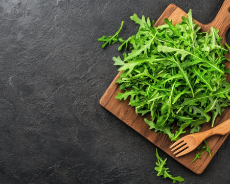 Boost your food brand with striking visuals! This high-resolution image showcases vibrant fresh arugula against a minimalist, dark background Perfect for modern branding, it exudes sophistication and health, attracting discerning customers Ideal for websites, menus, or marketing, instantly upgrade your visual content and highlight fresh, high-quality ingredients Download now and AI Generativeの素材