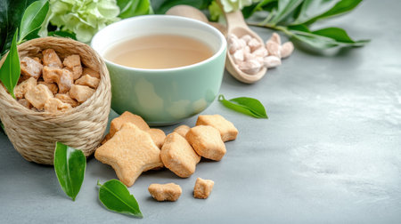 Showcasing wholesome, homemade organic dog biscuits against a sleek grey backdrop, this image embodies natural pet care Fresh, quality ingredients are arranged to inspire healthy homemade treats Perfect for promoting nutritious delights and simple DIY recipes Ample copy space is available for branding focused on quality pet products and canine AI Generativeの素材