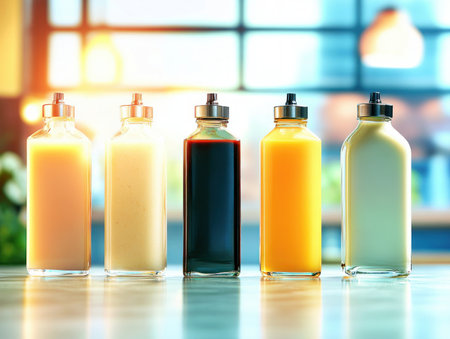 Dive into a world of vibrant health with this close-up of fresh, cold-pressed juices! Discover a rainbow of colors, each a unique detox and hydration blend These delicious and nutritious beverages offer a natural way to cleanse, revitalize, and replenish your body Embrace nature's power and boost your well-being with AI Generativeの素材