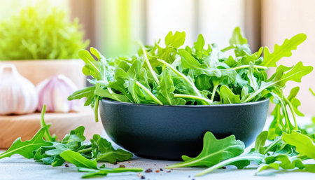 Elevate your culinary content with this stunning stock photo showcasing fresh arugula in a sleek black bowl Perfect for food blogs, recipes, and menus, this high-quality image highlights the beauty of natural greens and healthy eating The artful arrangement of arugula's delicate leaves creates a visually appealing and appetizing experience, AI Generativeの素材