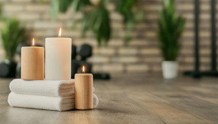 Transform your home into a sanctuary of self-care and strength Imagine a cozy home gym illuminated by candlelight, a space for stretching, hydrating, and building inner and outer power This is more than exercise; it's a mindful ritual Prioritize your well-being, achieve fitness goals with intention, and embrace the joy AI Generativeの素材