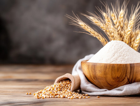 Embrace wholesome living with fiber-rich whole grain flour, nestled in a wooden bowl against a rustic backdrop This image evokes sustainability and eco-conscious choices, ideal for health food and environmental content Warm tones and natural textures embody simple living and sustainable practices, perfectly representing healthy eating and environmental awareness AI Generativeの素材