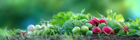 Celebrate wholesome eating with this close-up showcasing organic farm-fresh vegetables Radishes, greens, broccoli, and more burst with vibrant color, promising a nutritious American dish Experience the farm-to-table essence of carefully grown ingredients, perfect for delicious and healthy meals Enjoy nature's bounty, harvested for your well-being and a healthy lifestyle AI Generativeの素材