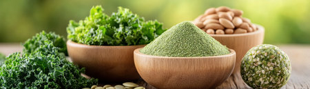 Fuel your body with nature's goodness! This vibrant image showcases a wholesome raw superfood snack selection: kale chips, nut butter energy balls, and sprouted seeds Arranged in rustic wooden bowls, this curated collection offers unprocessed, nutritious treats that delight the taste buds and promote wellness Embrace a healthier lifestyle with AI Generativeの素材