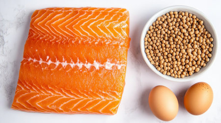 Fuel your health with protein power! This image showcases vibrant salmon, eggs, and tofu elegantly arranged on a modern countertop, illustrating a high-protein diet's potential Discover delicious and diverse protein sources, from seafood to vegetarian options, to meet your daily needs Inspire healthy eating habits and achieve your fitness goals AI Generativeの素材