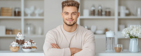 Embrace balanced indulgence! See a fit, muscular young man savoring a delicious dessert, proving healthy living doesn't exclude treats This image highlights mindful nutrition, showcasing how informed choices boost metabolism Enjoy desserts responsibly alongside a healthy diet, achieving a rewarding lifestyle, fit physique, and positive mindset Unlock your potential today! AI Generativeの素材