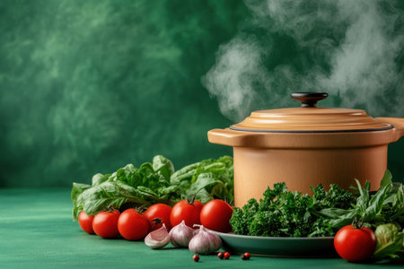 Uncover the pleasure of healthy cooking! Steaming pots and vibrant plates bursting with nutritious ingredients exemplify mindful eating This image celebrates simple, delicious meals that nourish body and soul From stews to salads, unlock culinary creativity, embracing a balanced lifestyle through flavorful recipes and the art of healthy meal prep AI Generativeの素材
