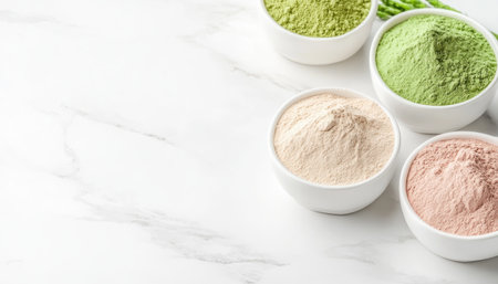 Embrace vibrant wellness with raw superfoods like maca, spirulina, and cacao, beautifully arranged on white marble Elevate your health journey with these nutrient-rich ingredients, perfect for smoothies, baking, and wholesome recipes This visually stunning display captures the essence of healthy eating and holistic living Fuel your body with natural energy AI Generativeの素材